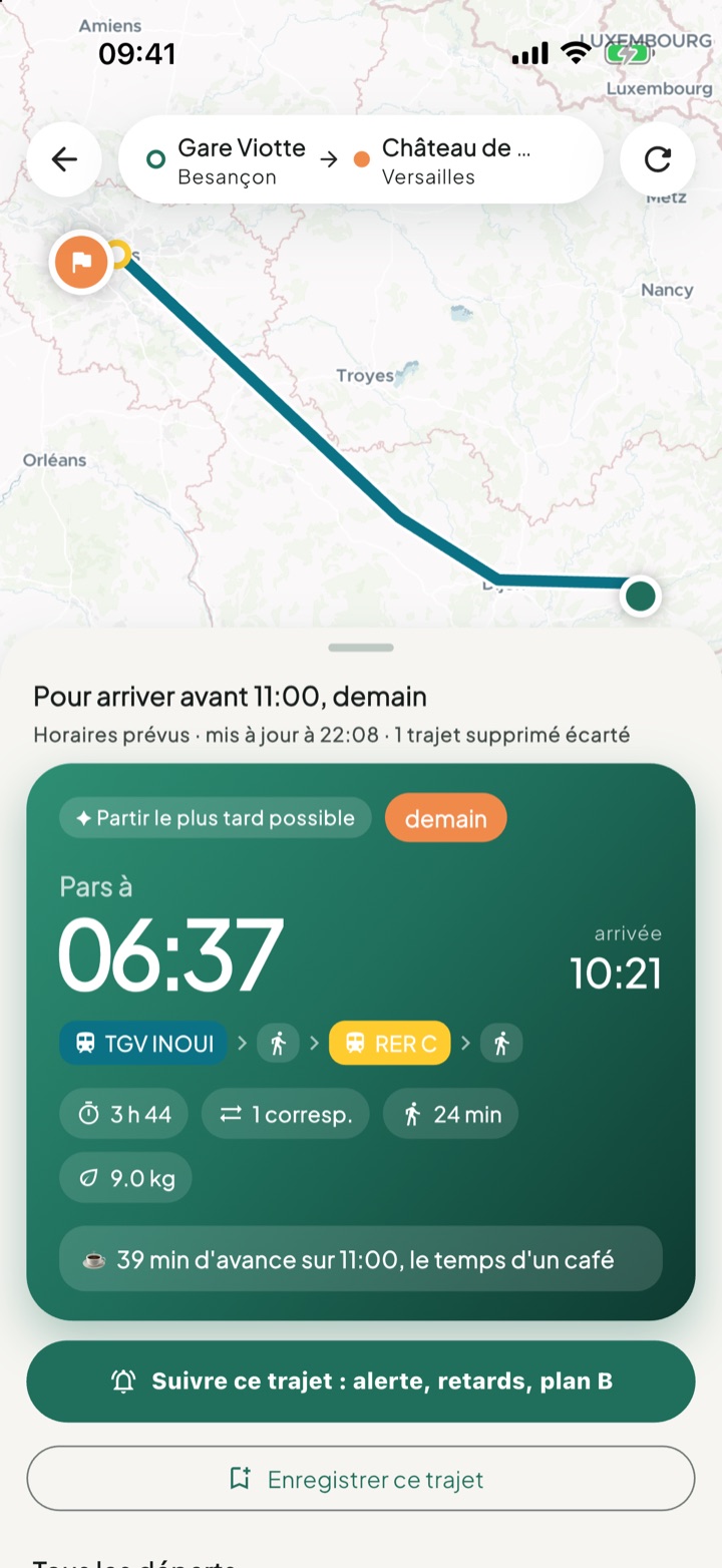 Écran de Cavalou : trajet de Besançon au château de Versailles en TGV puis RER C, départ 6 h 37, arrivée 10 h 21