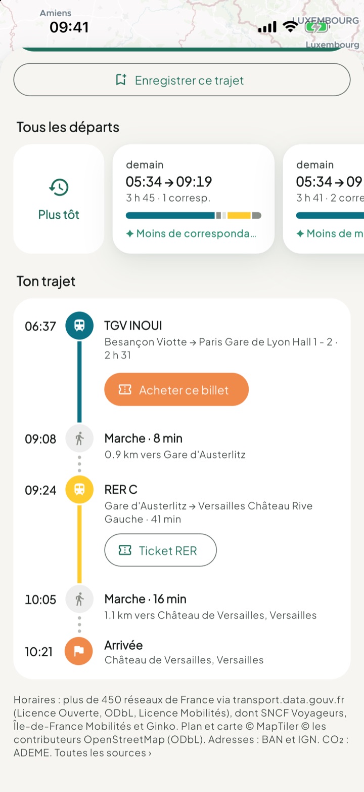 Détail des étapes d'un trajet, avec les boutons d'achat de billet